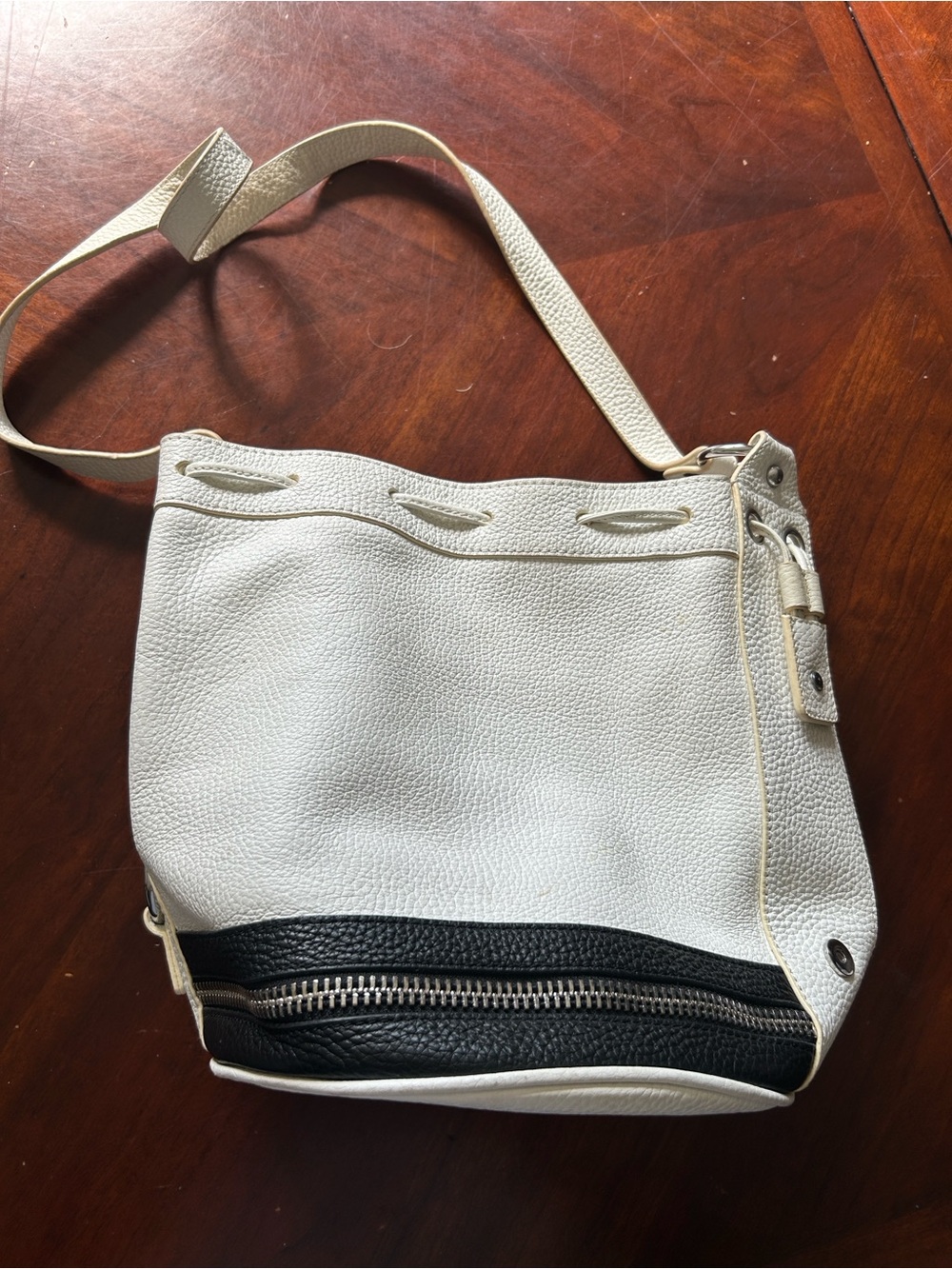 Via Spiga White and Black Pebbled Leather Shoulder Bag